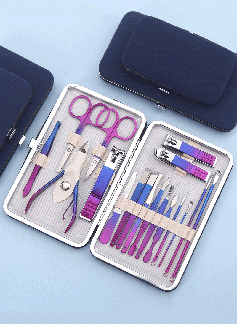 18 Pcs Stainless Steel Manicure Set Professional Nail Clipper Kit of Pedicure Blue Purple