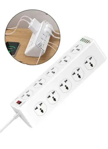 2500W 2m Cord 10 Universal Outlets + 4 USB Ports + 1 Type-C PD 20W Port + 1 QC3.0 Port Desktop Extension Power Strip SC10610 - EU Plug